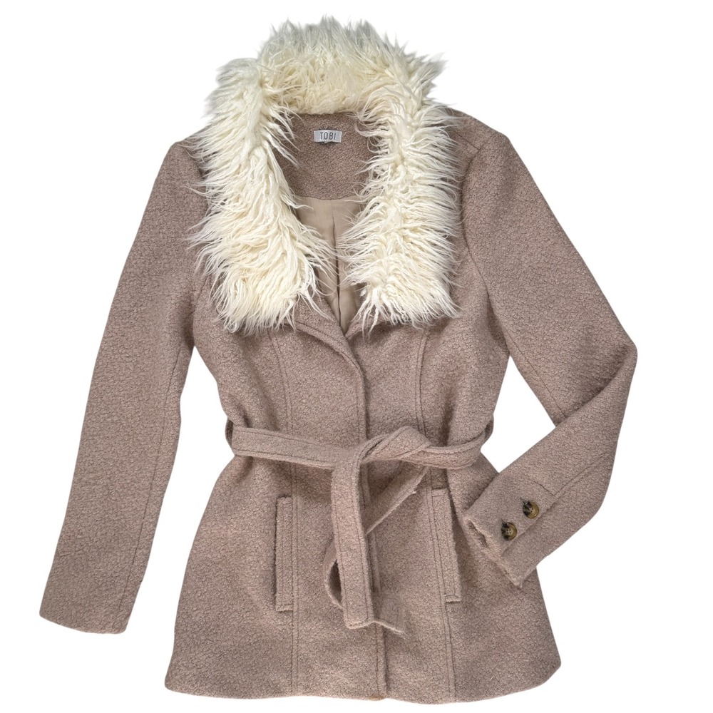 Tobi Womens Faux Fur Collar Belted Coat Medium Beige Retro Winter Streetwear Mob